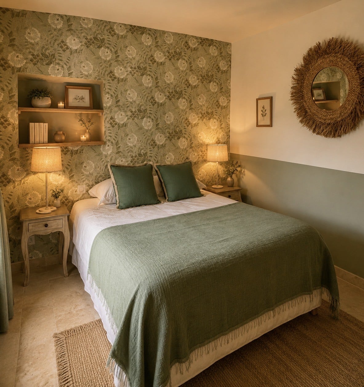 Chambre cocooning aux tons verts avec papier peint floral, lit douillet, lampes et miroir en fibres naturelles.