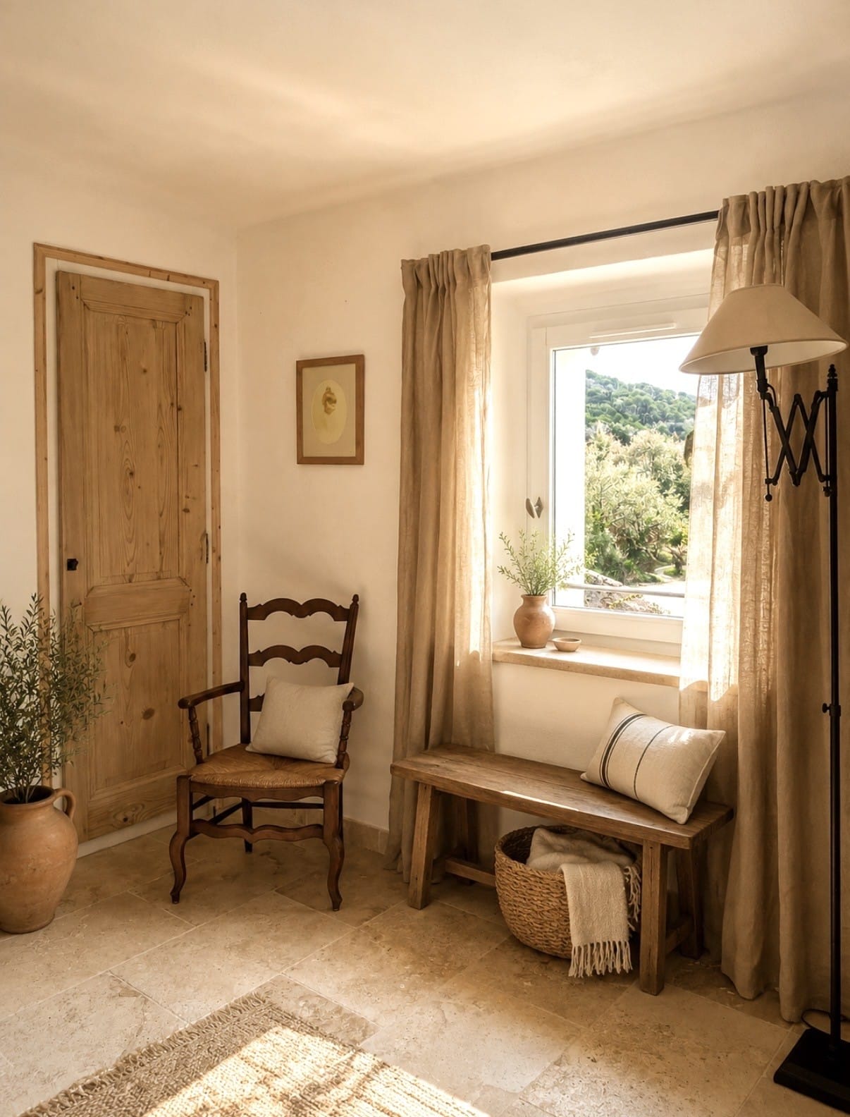 Coin lecture rustique avec chaise ancienne, banc en bois et rideaux en lin dans un intérieur chaleureux et lumineux.